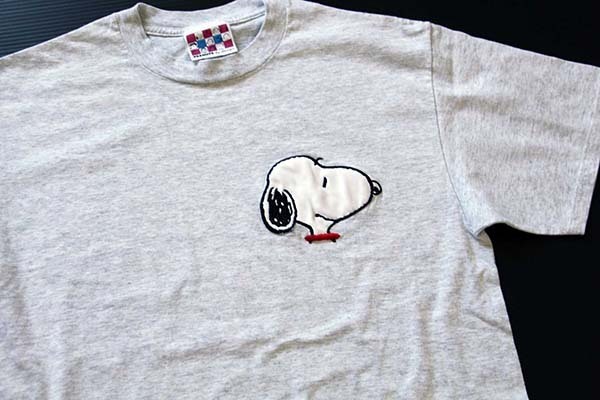 90s USA製 PEANUTS スヌーピー 刺繍 Tシャツ 杢ライトグレー