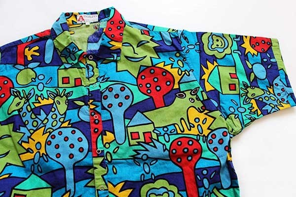 80s ADOLFO ポップアート 総柄 染み込みプリント 半袖コットンシャツ 
