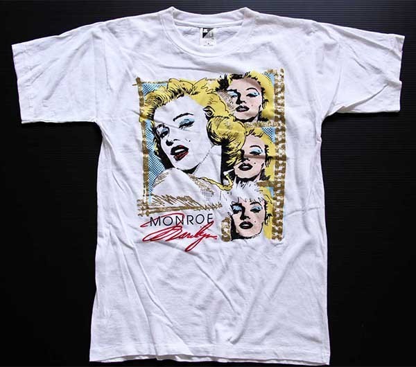 80s MARILYN MONROEマリリンモンロー ラメ&染み込みプリント コットンTシャツ 白 M - Sixpacjoe Web Shop