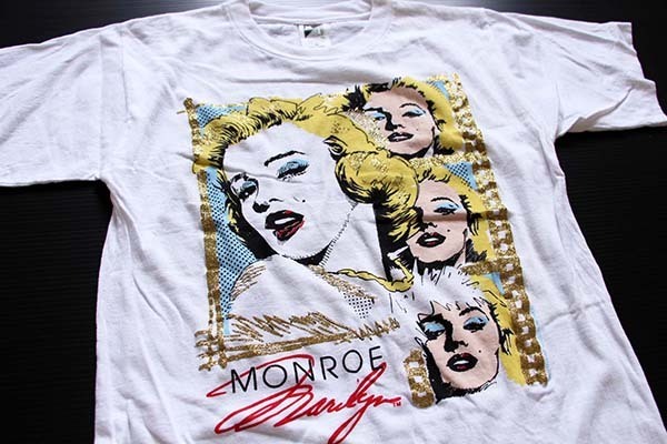 80s MARILYN MONROEマリリンモンロー ラメ&染み込みプリント コットンTシャツ 白 M - Sixpacjoe Web Shop