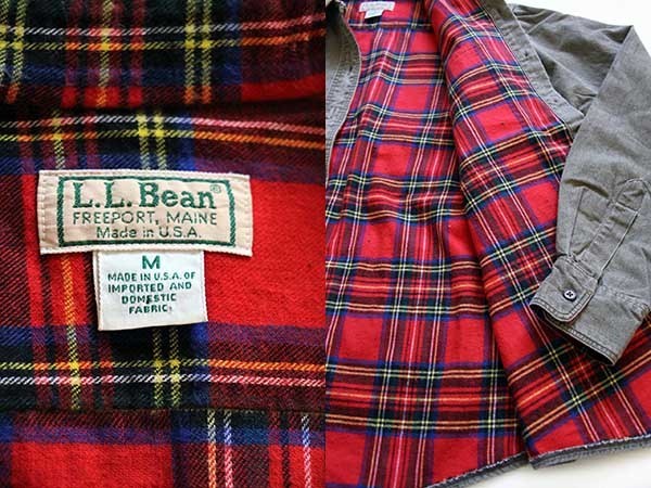 80s USA製 L.L.Bean ネルライナー コットンシャツ グリーングレー W-M 