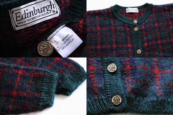 90s 英国製 Edinburgh タータンチェック モヘア ニット カーディガン L