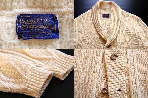 70s USA製 PENDLETONペンドルトン ショールカラー ケーブル編み ウール