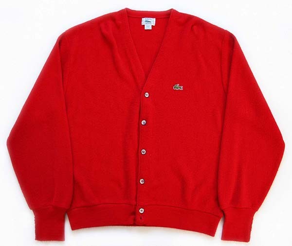 80s USA製 IZOD LACOSTE ラコステ ワンポイント アクリルニット カーディガン 赤 L