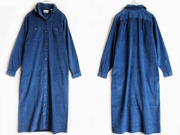 80s USA製 L.L.Bean マキシ丈 コーデュロイ シャツワンピース 青 12