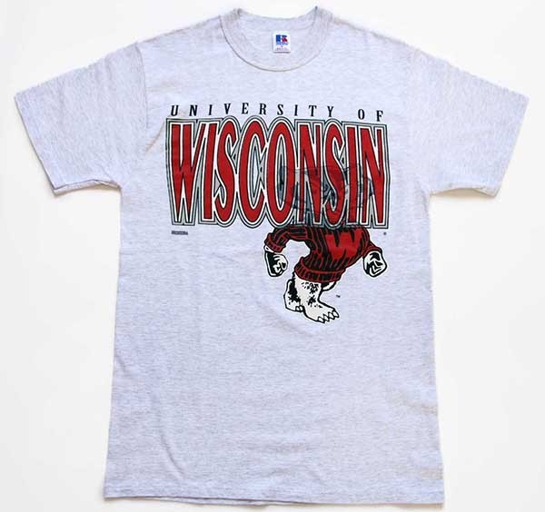 90s USA製 RUSSELLラッセル UNIVERSITY OF WISCONSIN バッキー Tシャツ 杢ライトグレー M