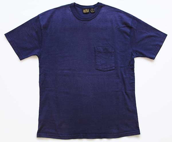 90s USA製 EddieBauerエディーバウアー 無地 バインダーネック コットン ポケットTシャツ ナス紺 フェード L