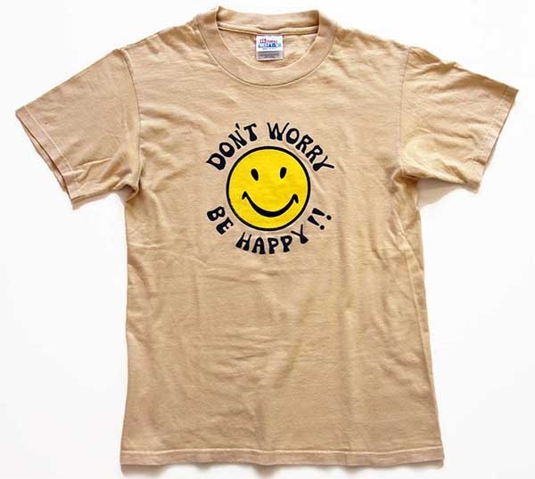 90s USA製 DON'T WORRY BE HAPPY!! スマイル コットンTシャツ カーキ S