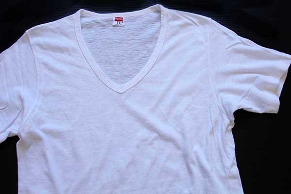 70s USA製 Hanes 無地 バインダー Vネック コットンTシャツ 白 S☆A