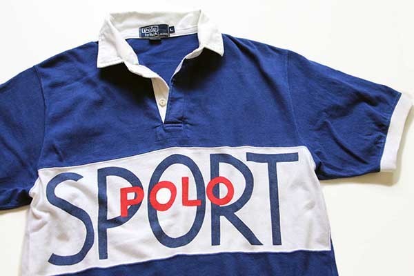 90s POLO SPORTポロ スポーツ ラルフローレン ロゴ 染み込みプリント 半袖 コットン ラガーシャツ 青×白×赤 L