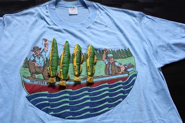 80s USA製 魚 飾り付き フィッシング Tシャツ 水色 XL - Sixpacjoe Web 
