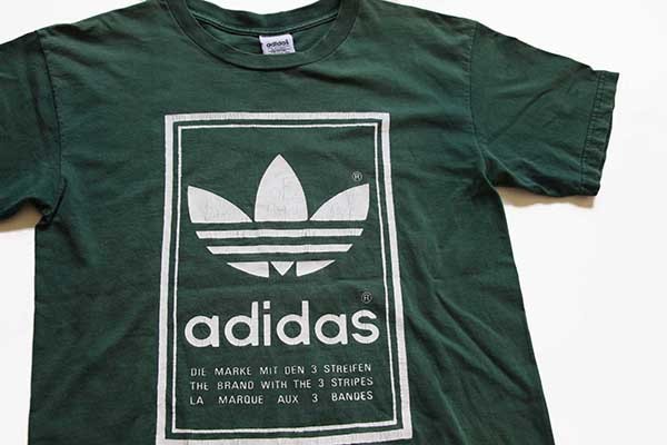 80s USA製 adidasアディダス トレフォイル ビッグロゴ 両面プリント コットンTシャツ 緑 M