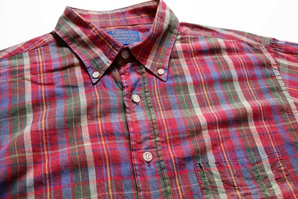 80s USA製 PENDLETONペンドルトン マドラスチェック ボタンダウン 半袖 コットンシャツ L★インド綿
