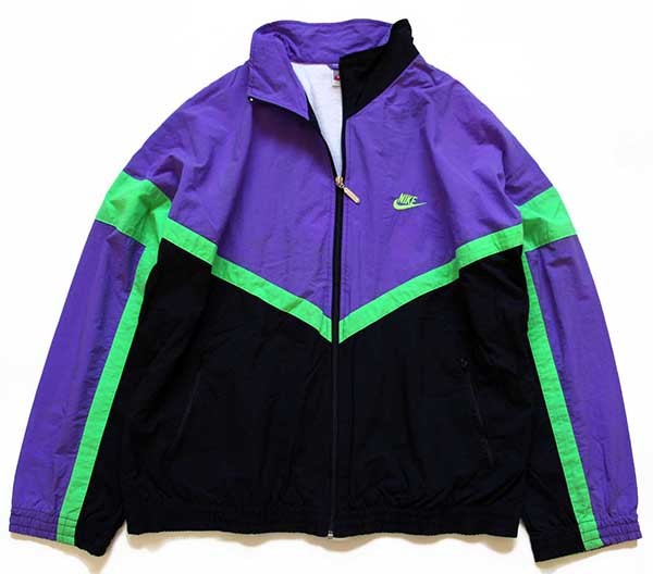90s NIKEナイキ マルチカラー 切り替え ナイロンジャケット 紫×黒×蛍光 黄緑 L