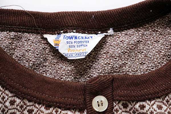 70s Penneys TOWNCRAFT 総柄 ヘンリーネック ジャガード Tシャツ 茶 L - Sixpacjoe Web Shop