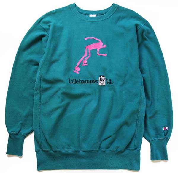 90s USA製 Championチャンピオン Lillehammer 94 刺繍 リバースウィーブ スウェット エメラルドグリーン XXL -  Sixpacjoe Web Shop