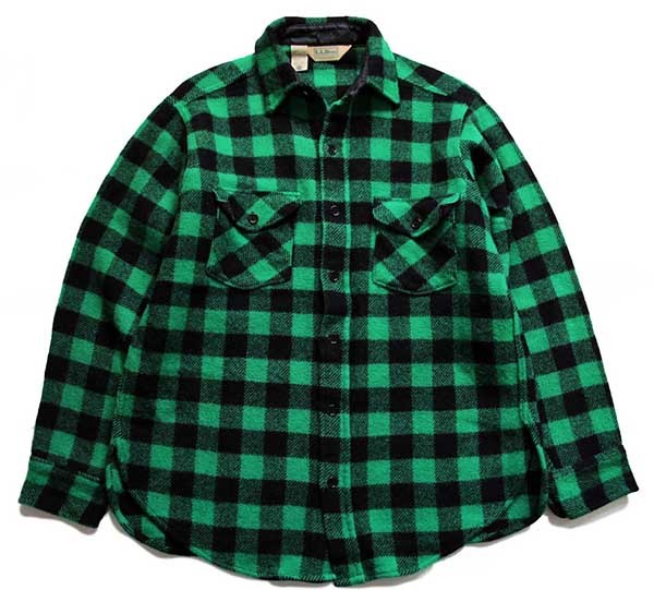 80s USA製 L.L.Bean バッファローチェック ウールシャツ 緑×黒 L