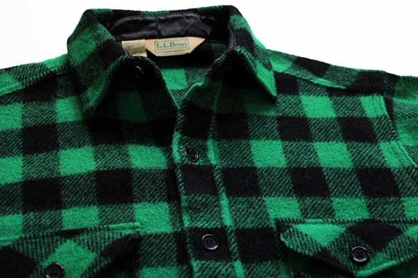 s USA製 L.L.Bean バッファローチェック ウールシャツ 緑×黒 L