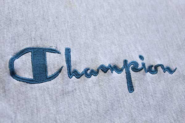 90s USA製 Championチャンピオン スクリプト ビッグロゴ刺繍 リブライン リバースウィーブ スウェット 杢グレー L