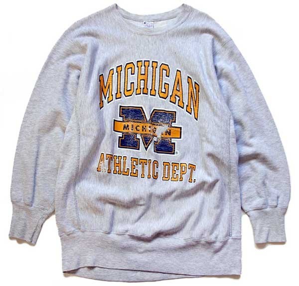 90s USA製 Championチャンピオン MICHIGAN ATHLETIC DEPT. ひび割れプリント リバースウィーブ スウェット