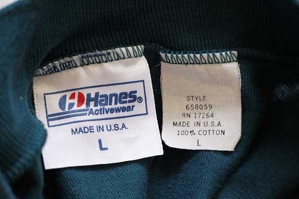 90s USA製 Hanes モックネック 無地 コットン 長袖Tシャツ 青緑 L