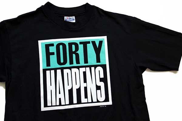 デッドストック☆80s USA製 Hanes FORTY HAPPENS ロゴ Tシャツ 黒 L