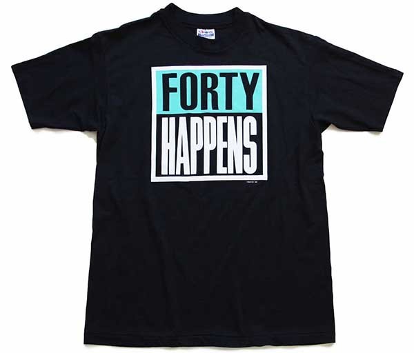 デッドストック☆80s USA製 Hanes FORTY HAPPENS ロゴ Tシャツ 黒 L