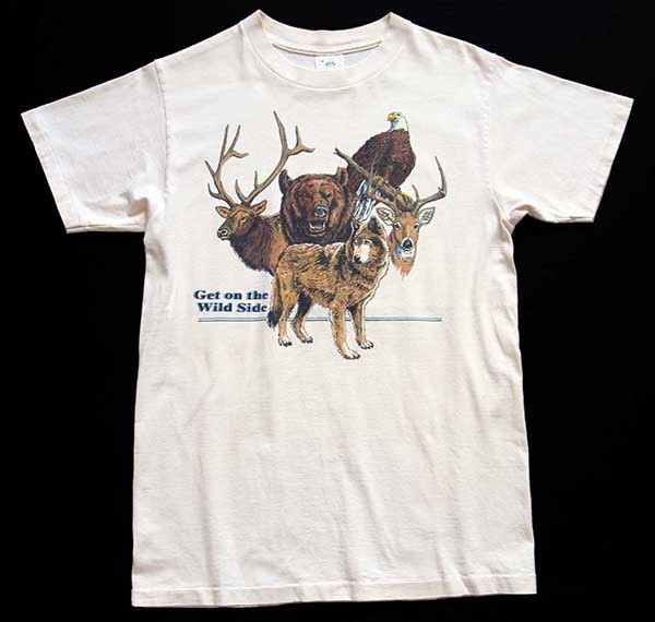 80s USA製 Get on the Wild Side アニマル コットンTシャツ 生成