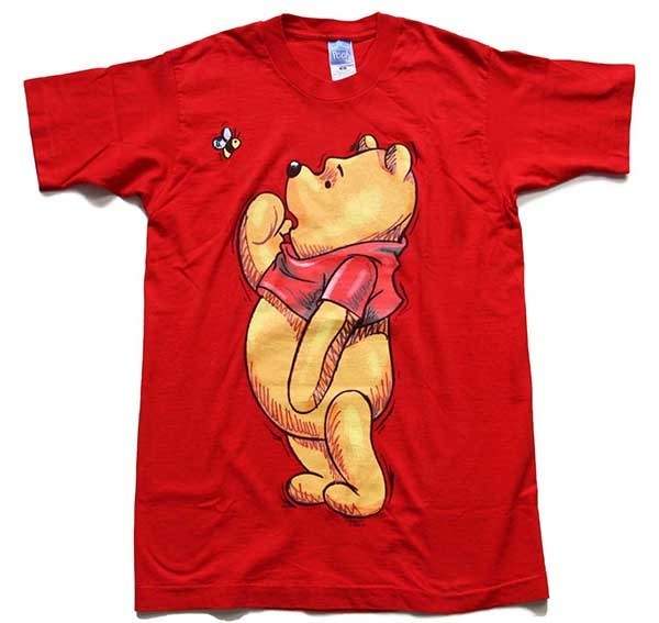 90s USA製 Disneyディズニー Pooh クマのプーさん コットンTシャツ 赤 M