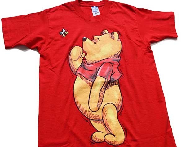 90s USA製 Disneyディズニー Pooh クマのプーさん コットンTシャツ 赤