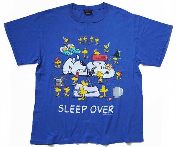 90s USA製 スヌーピー ウッドストック SLEEP OVER コットンTシャツ 青