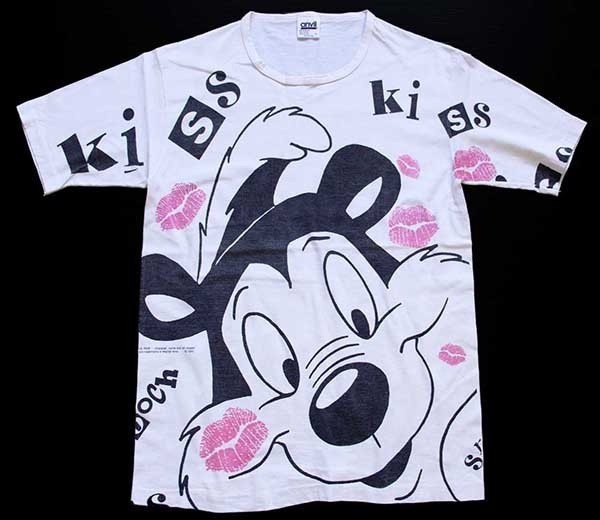 90s USA製 PEPE LE PEWペペルピュー Kiss 全面 染み込みプリント コットンTシャツ 生成り L