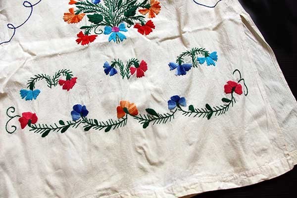 メキシコ 花柄刺繍 マキシ丈 コットン チュニック ワンピース 生成り