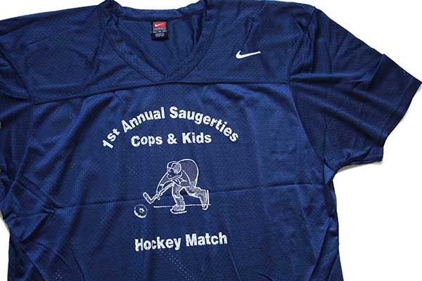 90s USA製 NIKEナイキ Cops&Kids Hockey Match ホッケー ナイロン メッシュTシャツ 紺 XL★ゲームシャツ