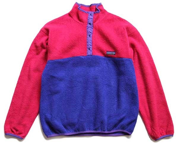 80s USA製 patagoniaパタゴニア マルチカラー 切り替え フリース スナップT 青紫×ピンク×紫 9/10