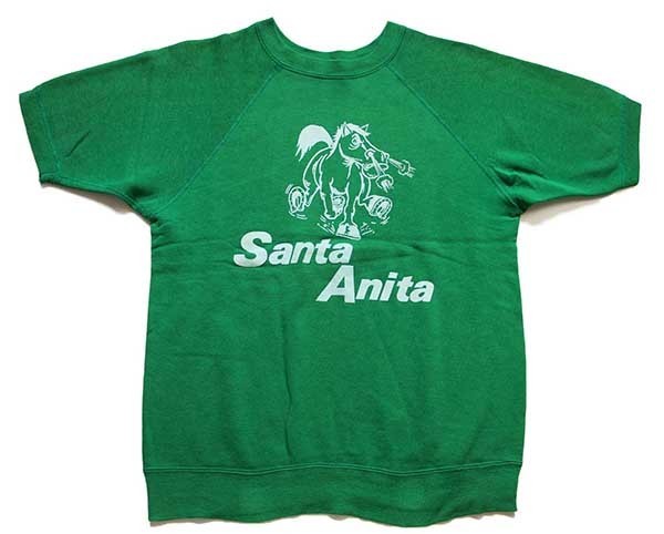 70s ARTEX Santa Anita 馬 両面 フロッキープリント 半袖スウェット 緑 