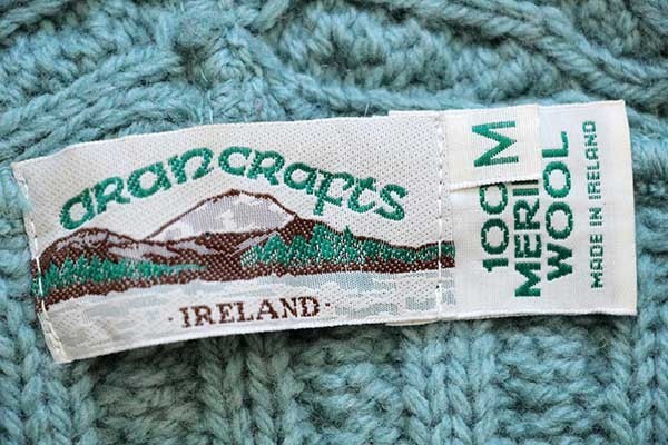 アイルランド製 aran crafts ケーブル編み メリノウールニット ジップパーカー 薄緑 M
