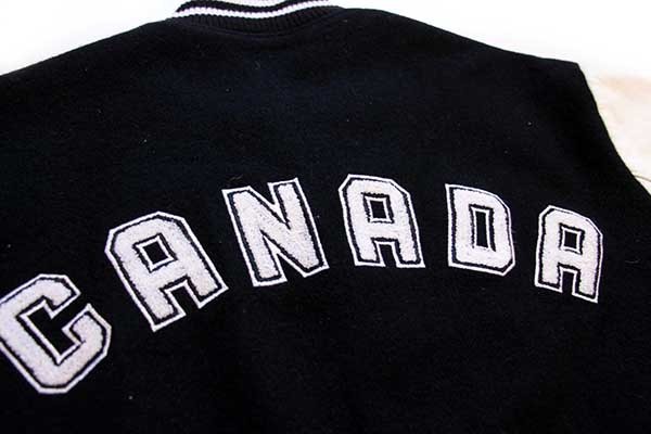 90s カナダ製 Roots パッチ付き メルトン ウール 袖革スタジャン 黒×白 M