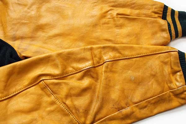 70s DeLONGデロング メルトン ウール 袖革スタジャン 緑×マスタード