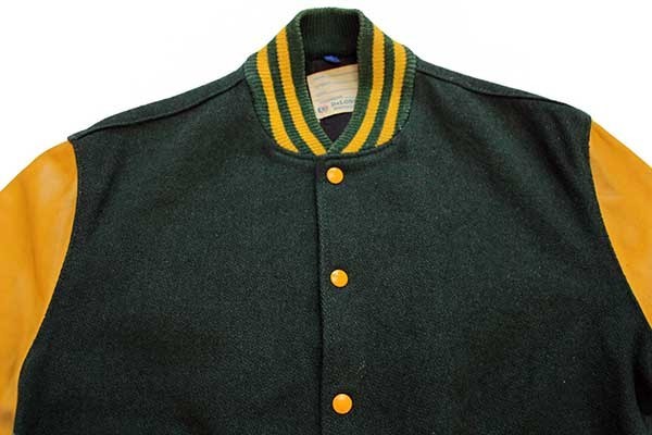 70s DeLONGデロング メルトン ウール 袖革スタジャン 緑×マスタード 44 
