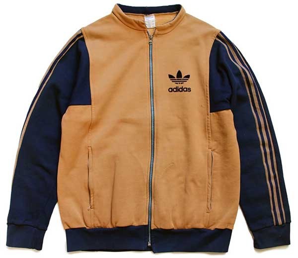 70s フランス製 adidasアディダス VENTEX スタンドカラー トレフォイル フェルトプリント トラックジャケット 薄茶×紺★ジャージ