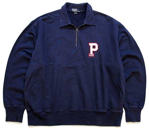 90s USA製 POLOラルフローレン ハーフジップ ニット スウェットL紺系