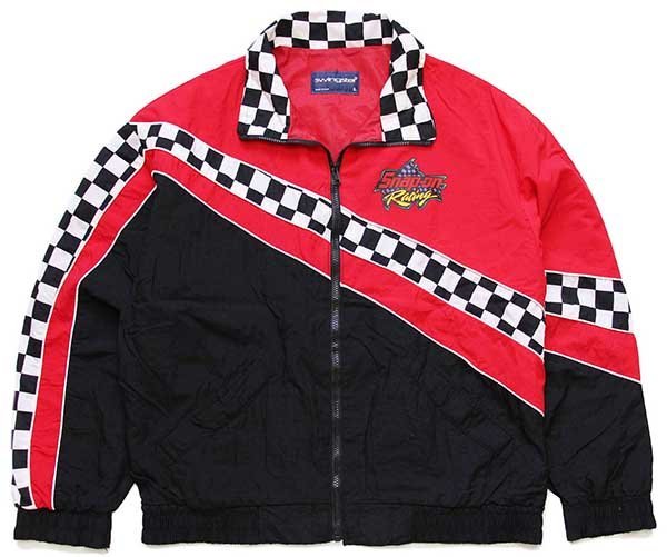 90s USA製 swingster Snap-on Racing チェッカーフラッグ 切り替え ナイロン レーシングジャケット 赤×黒×白 L