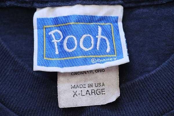 90s USA製 Disneyディズニー Pooh クマのプーさん ティガー 刺繍 コットンTシャツ 紺 XL