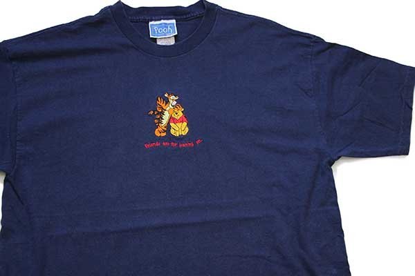 90s USA製 Disneyディズニー Pooh クマのプーさん ティガー 刺繍 コットンTシャツ 紺 XL