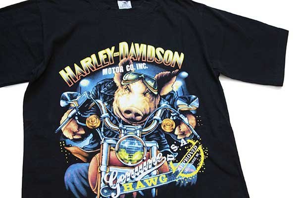 00s HARLEY-DAVIDSON ハーレー ダビッドソン HAWG ピッグ 両面プリント コットンTシャツ 黒