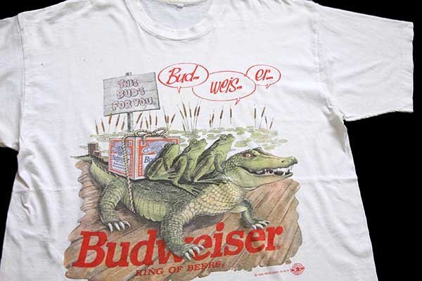 90s Budweiserバドワイザー ワニ カエル Tシャツ ボロ 白