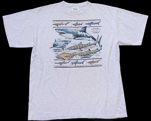90s USA製 SHARKS of the WORLD サメ コットンTシャツ 杢グレー XL