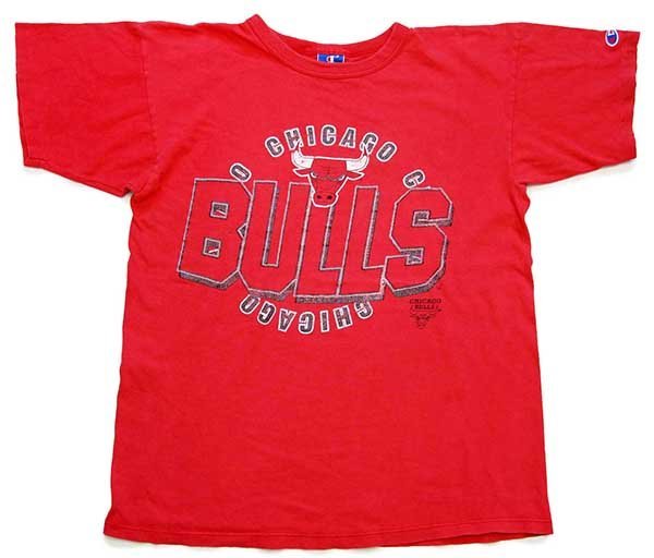 90s USA製 Championチャンピオン NBA CHICAGO BULLS シカゴ ブルズ コットンTシャツ 赤 フェード L