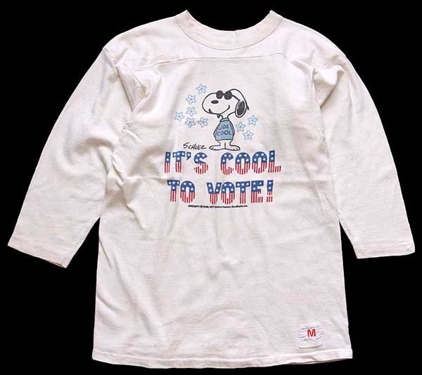 70s USA製 ARTEX スヌーピー JOE COOL IT'S COOL TO VOTE! 染み込みプリント コットン フットボールTシャツ  生成り M